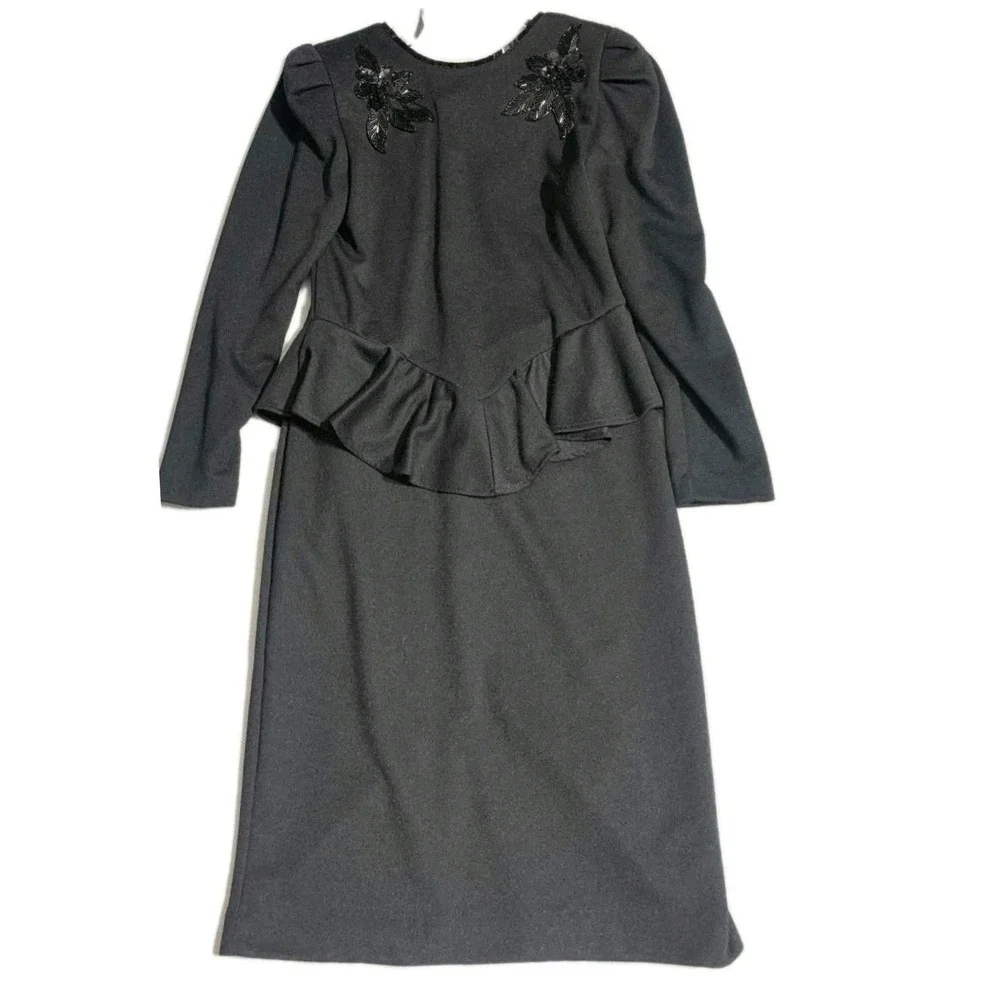J.S.J. Peplum Dress Women 5/6 Black Sequin Beaded Vintage 80s Cocktail Goth Glam
